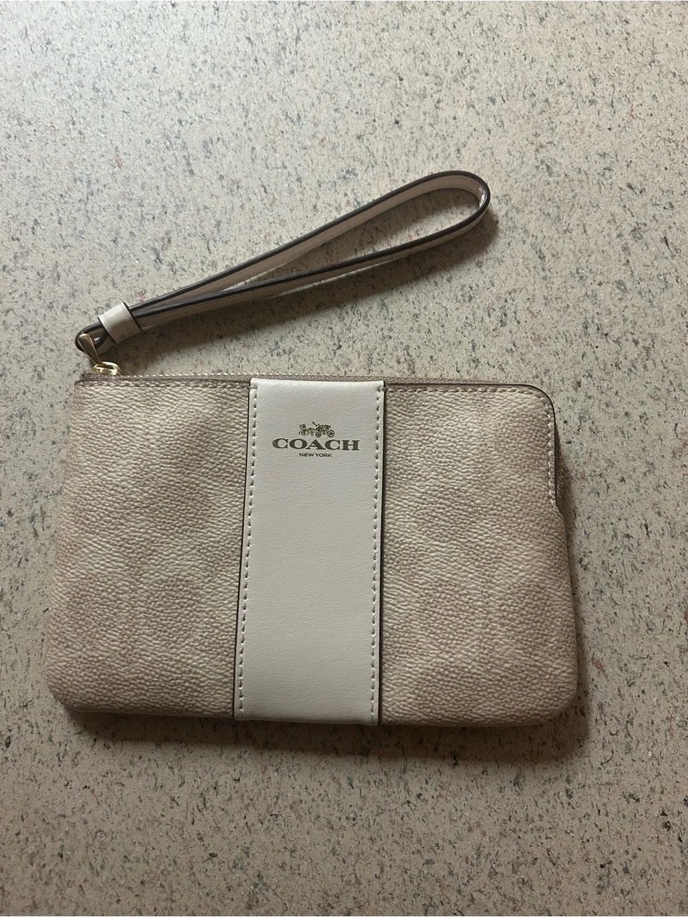 Coach Signature Canvas Stripe Wristlet in Beige and White